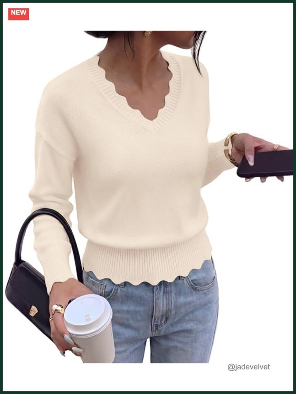 Womens Long Sleeve Scallop Edge V-Neck Drop Shoulder Knit Pullover Sweater Fall